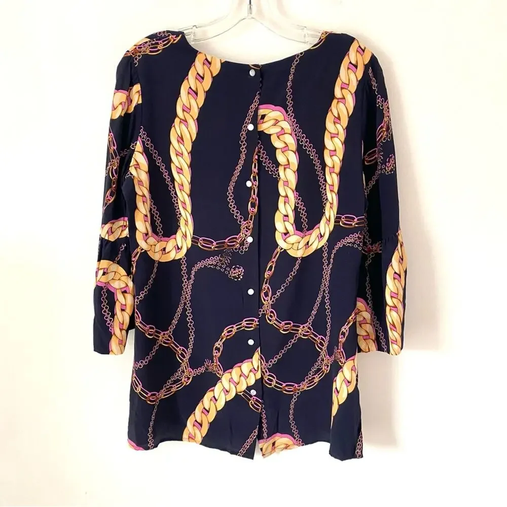 Tyler Boe NWTs Navy Blue Silk Chain Print Blouse size small